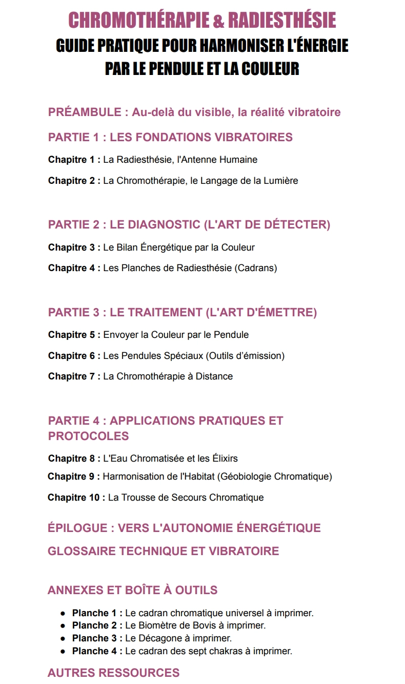 sommaire chromotherapie radiesthesie